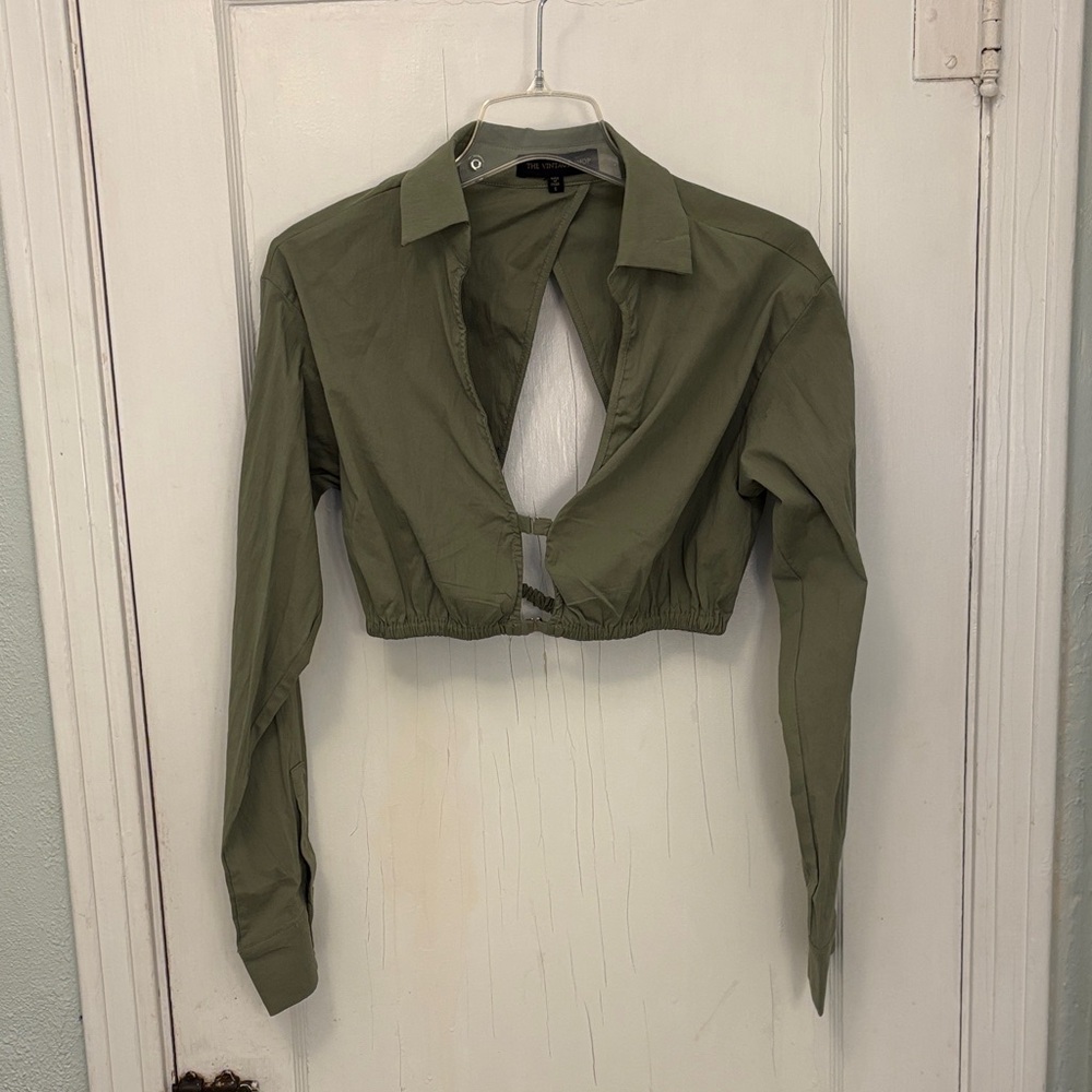 The Vintage Shop Sage Green Button-Down Crop Top